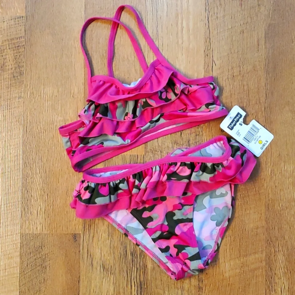 Fisher Price Floral Camo Ruffled 2 piece swimsuit size 7/8